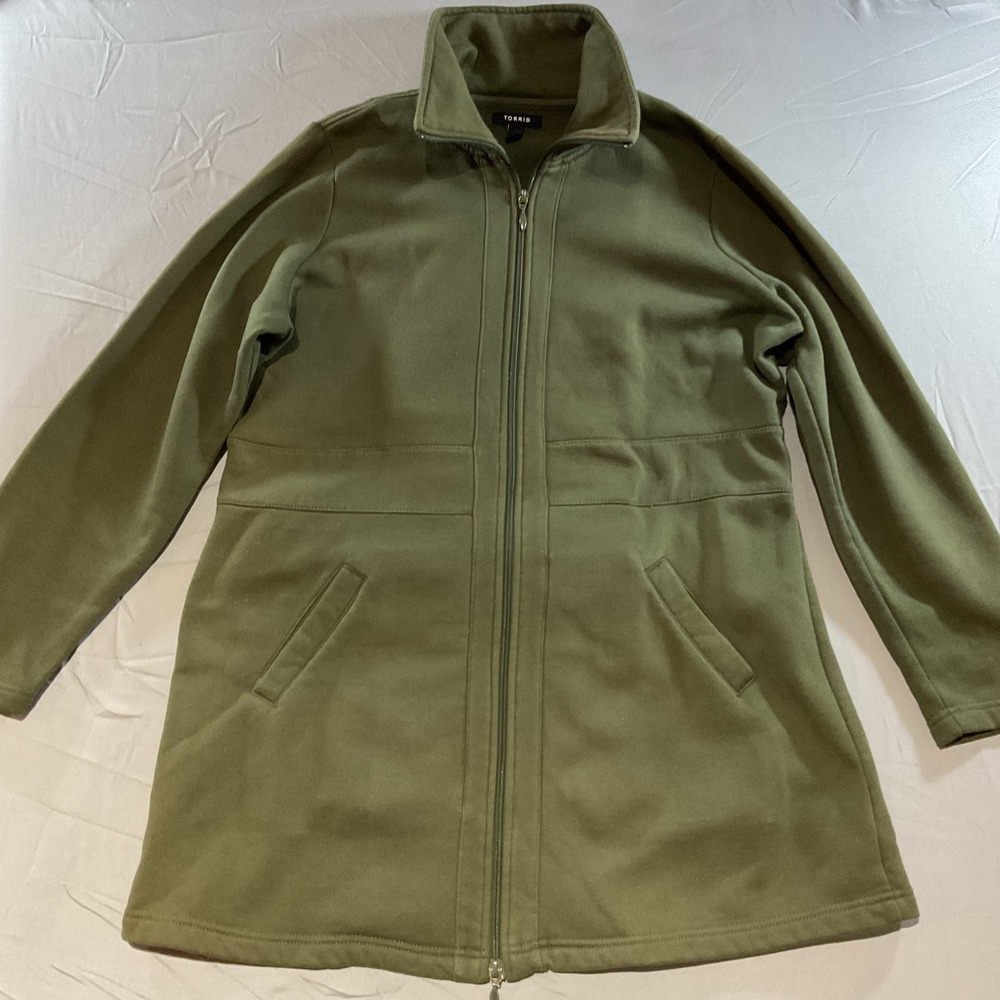Torrid Womens Size 0 Olive Green Fleece Zip Front Long Jacket Coat Plus